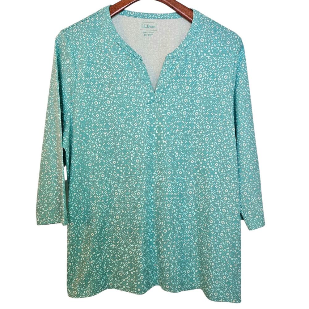L.L. Bean Turquoise Splitneck 3/4 Sleeves Tunic Cotton Top